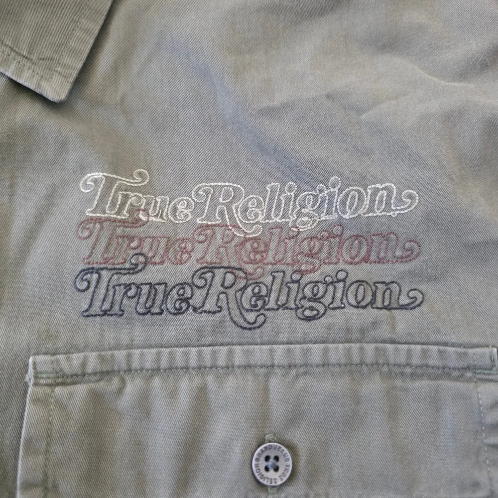 True Religion Mens Olive Green Short Sleeve Button Down Utility Shirt Large